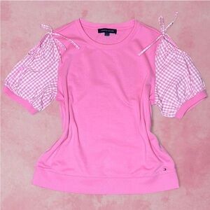 Tommy Hilfiger Pink Short Cold Shoulder Puff Sleeve Top with Gingham Sleeve L